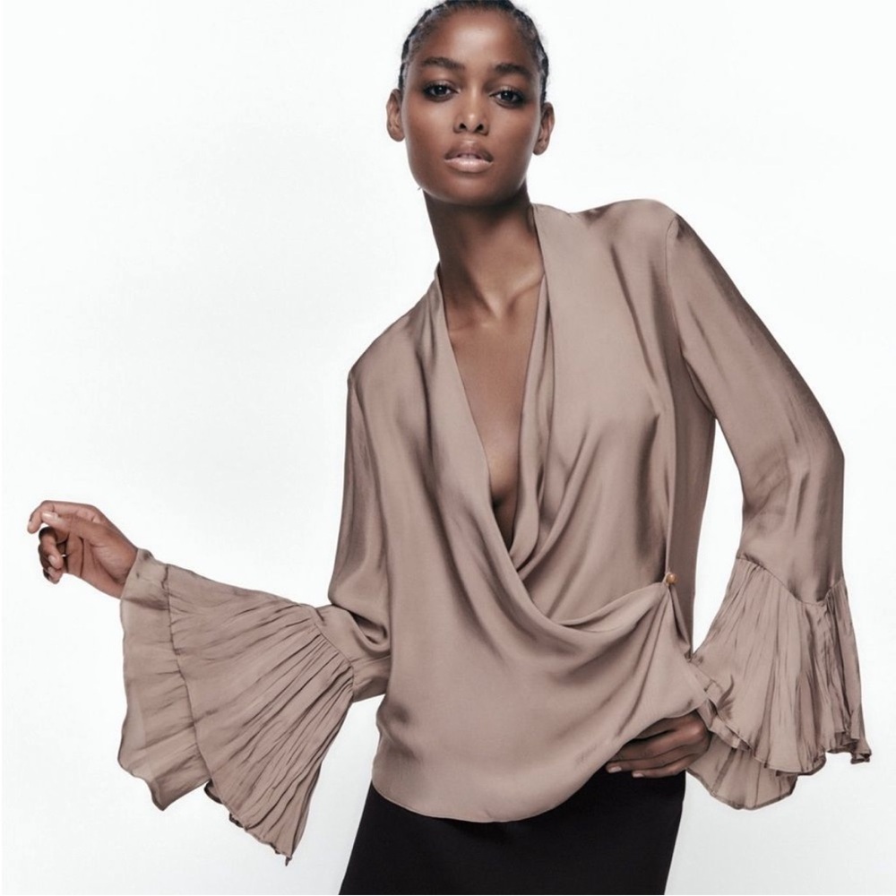 Zara Wrap Ruffled Mink Blouse New